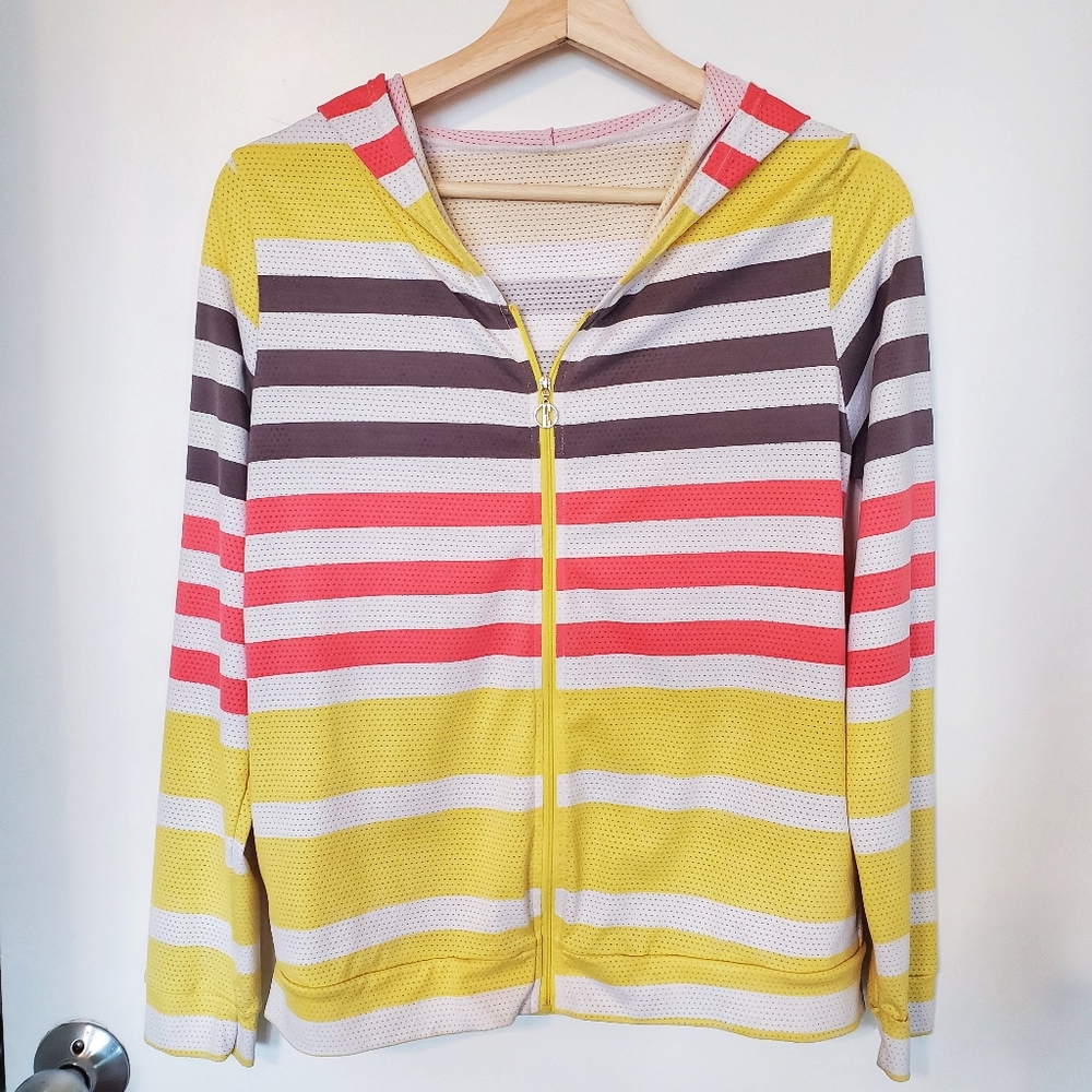 Colorful Striped Mesh Sport Active Hooded Jacket